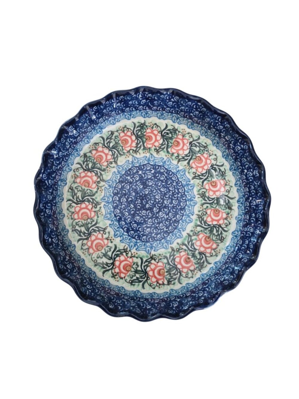 Polish Pottery Ceramika Artystyczna 10" Fluted Pie Plate Baker Blue Floral NWT